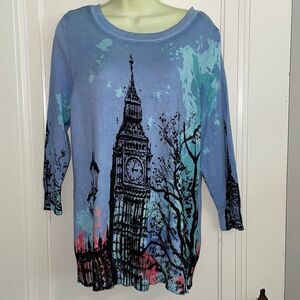 Joseph A. periwinkle blue long 3/4 sleeve‎ sweater with Big Ben on front & back